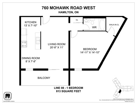 A floor plan for a one bedroom apartment at 760 Mohawk Road West, Hamilton, OH.